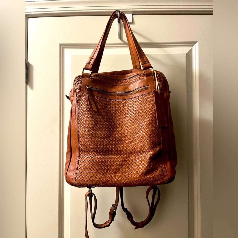 Brand New w/Tags. Cognac Leather Convertible Backpack Purse. Made in Italy.